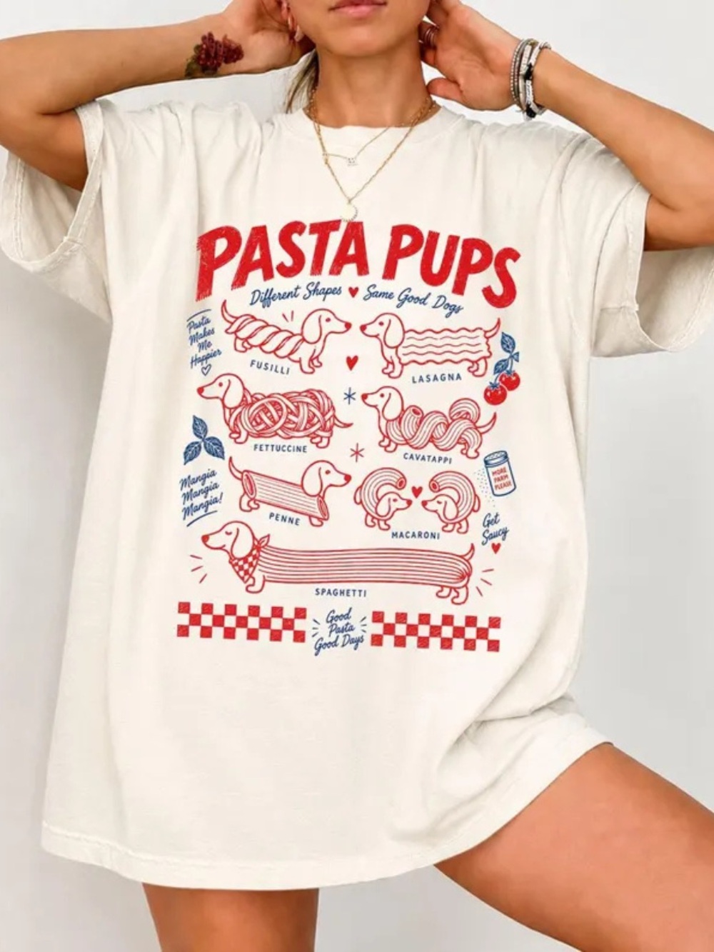 Pasta Pups Graphic Dog Tee, Gildan Cream with Red and Blue Print